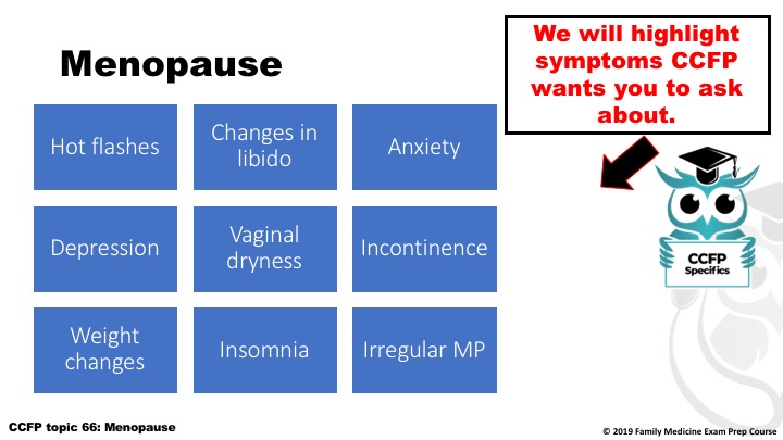 A slide with nine different types of menopause symptoms.