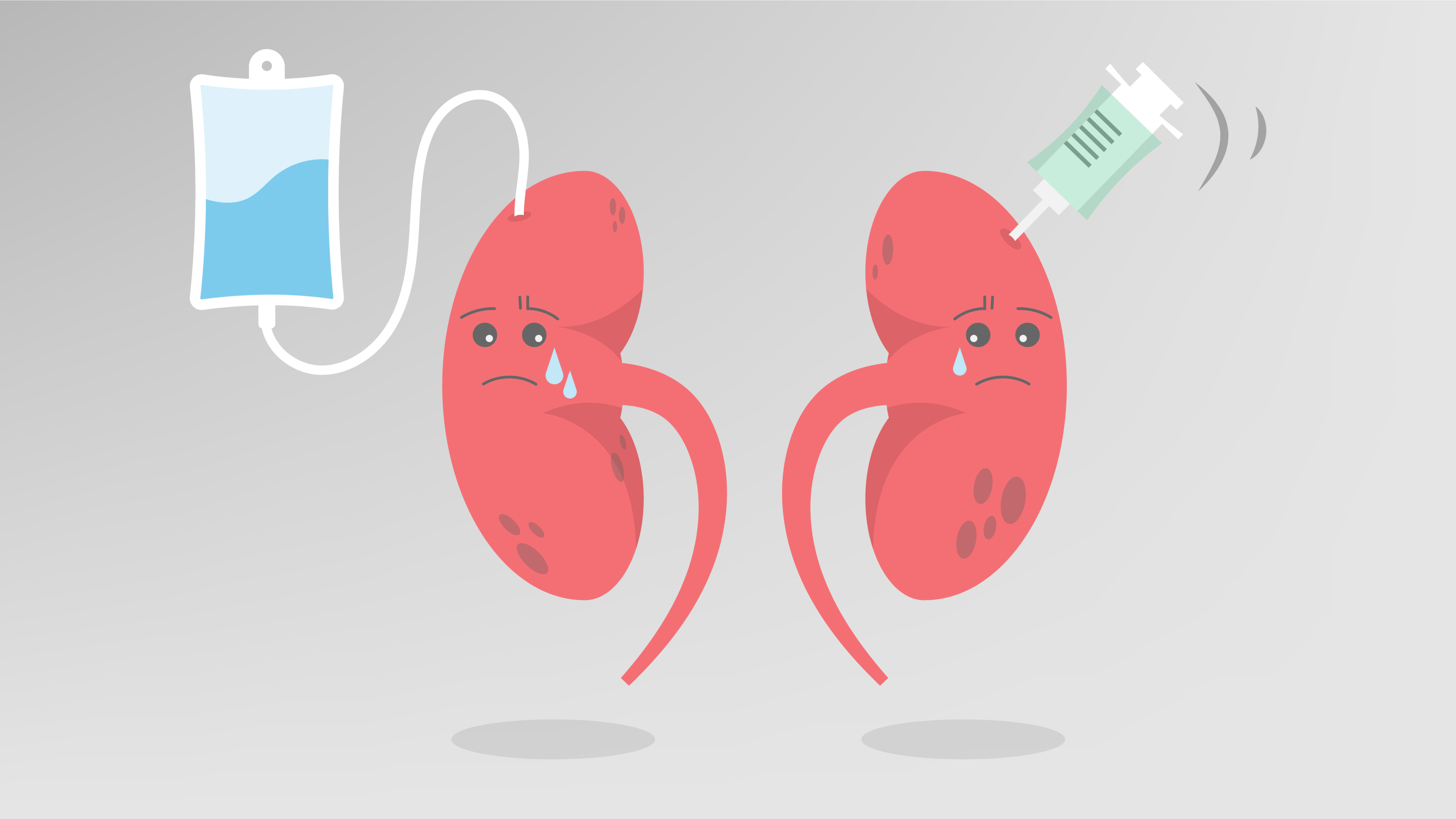 Two cartoon kidney shaped characters with a syringe and needle.